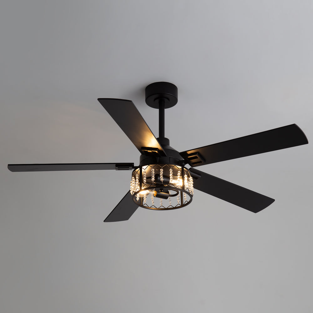 52-inch Crystal Ceiling Fan with Light, Matte Black Finish, 5 Reversible Blades, Dual E26 Bulb Base (Bulbs Not Included), Quiet Energy-Saving DC Motor, 6 Speeds with Timer, Remote Control, 5" and 10" Downrods Included