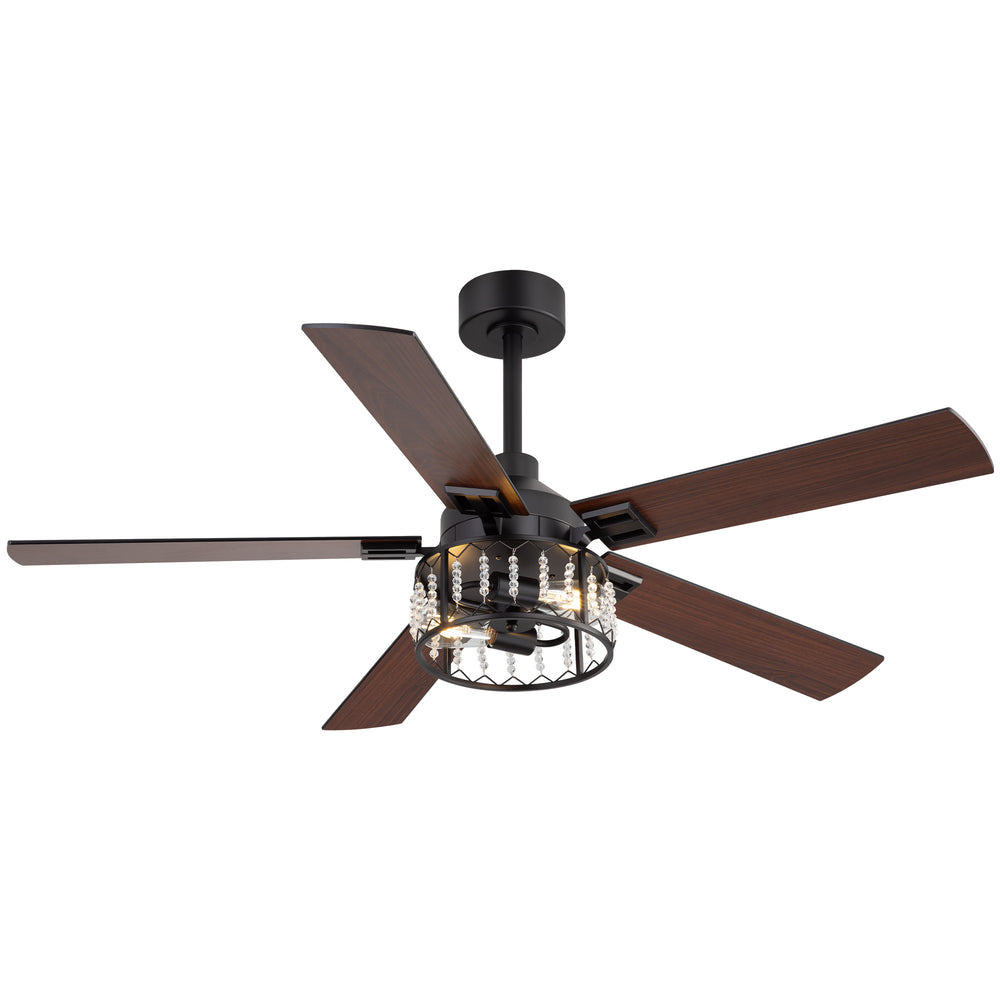 52-inch Crystal Ceiling Fan with Light, Matte Black Finish, 5 Reversible Blades, Dual E26 Bulb Base (Bulbs Not Included), Quiet Energy-Saving DC Motor, 6 Speeds with Timer, Remote Control, 5" and 10" Downrods Included