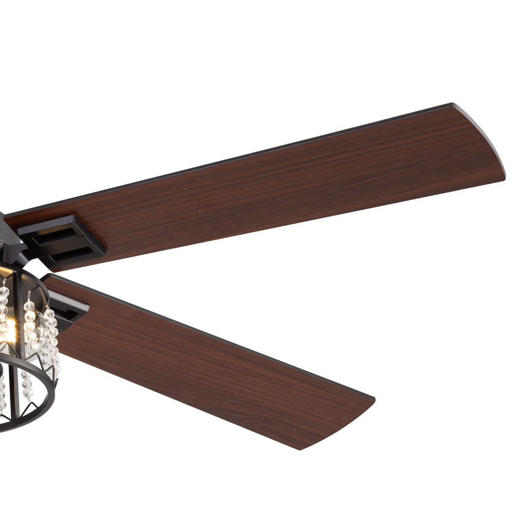 52-inch Crystal Ceiling Fan with Light, Matte Black Finish, 5 Reversible Blades, Dual E26 Bulb Base (Bulbs Not Included), Quiet Energy-Saving DC Motor, 6 Speeds with Timer, Remote Control, 5" and 10" Downrods Included