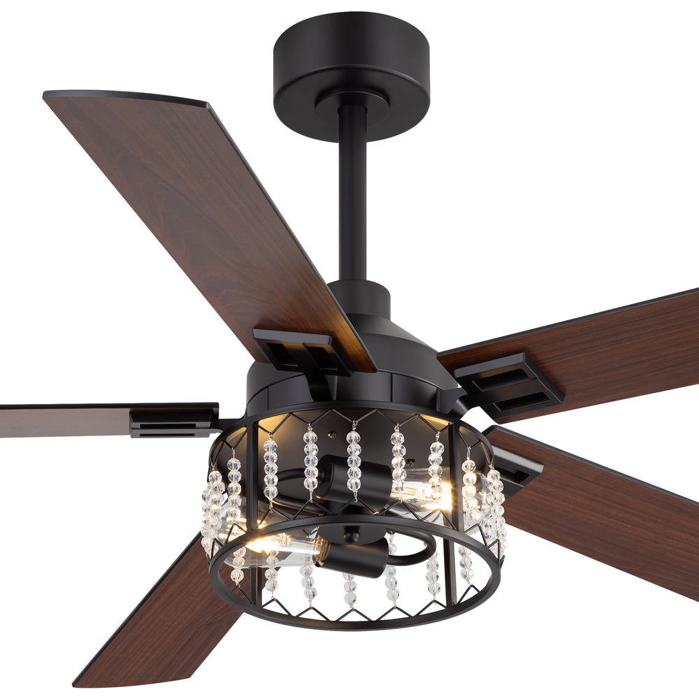 52-inch Crystal Ceiling Fan with Light, Matte Black Finish, 5 Reversible Blades, Dual E26 Bulb Base (Bulbs Not Included), Quiet Energy-Saving DC Motor, 6 Speeds with Timer, Remote Control, 5" and 10" Downrods Included