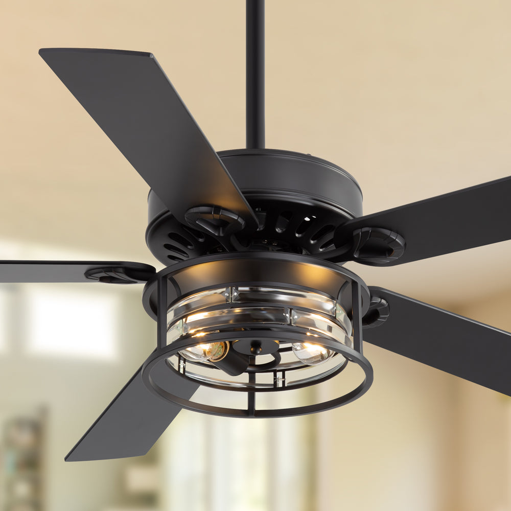 52-Inch Matte Black Industrial Ceiling Fan with Iron & Glass Light, 5 Reversible Blades (Black/Walnut), 28W DC Motor, 6 Speeds, Quiet Operation, Remote with Timer, Reversible Airflow, 5"&10" Downrods