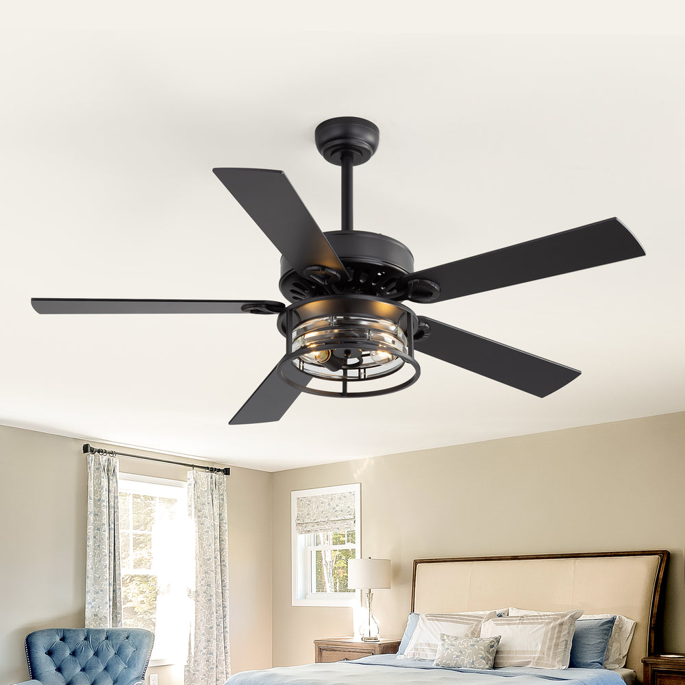 52-Inch Matte Black Industrial Ceiling Fan with Iron & Glass Light, 5 Reversible Blades (Black/Walnut), 28W DC Motor, 6 Speeds, Quiet Operation, Remote with Timer, Reversible Airflow, 5"&10" Downrods