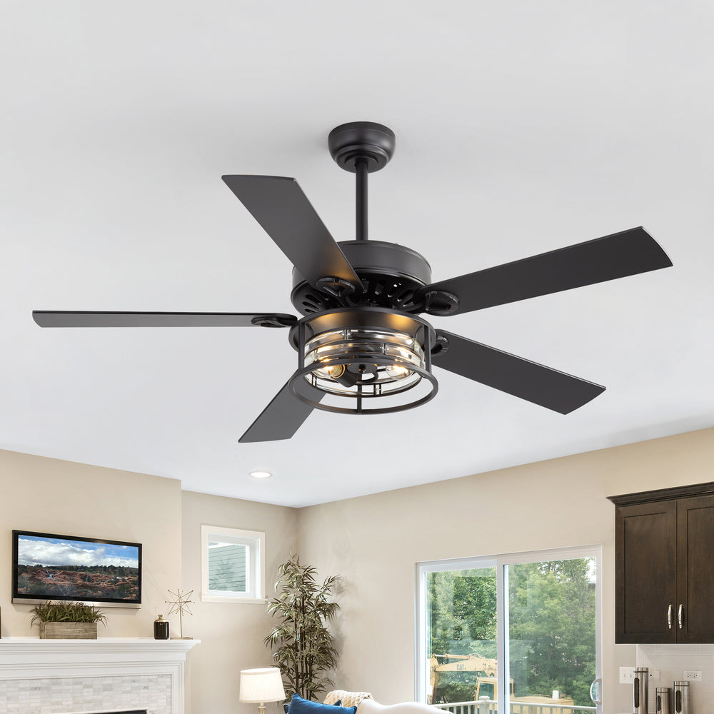 52-Inch Matte Black Industrial Ceiling Fan with Iron & Glass Light, 5 Reversible Blades (Black/Walnut), 28W DC Motor, 6 Speeds, Quiet Operation, Remote with Timer, Reversible Airflow, 5"&10" Downrods