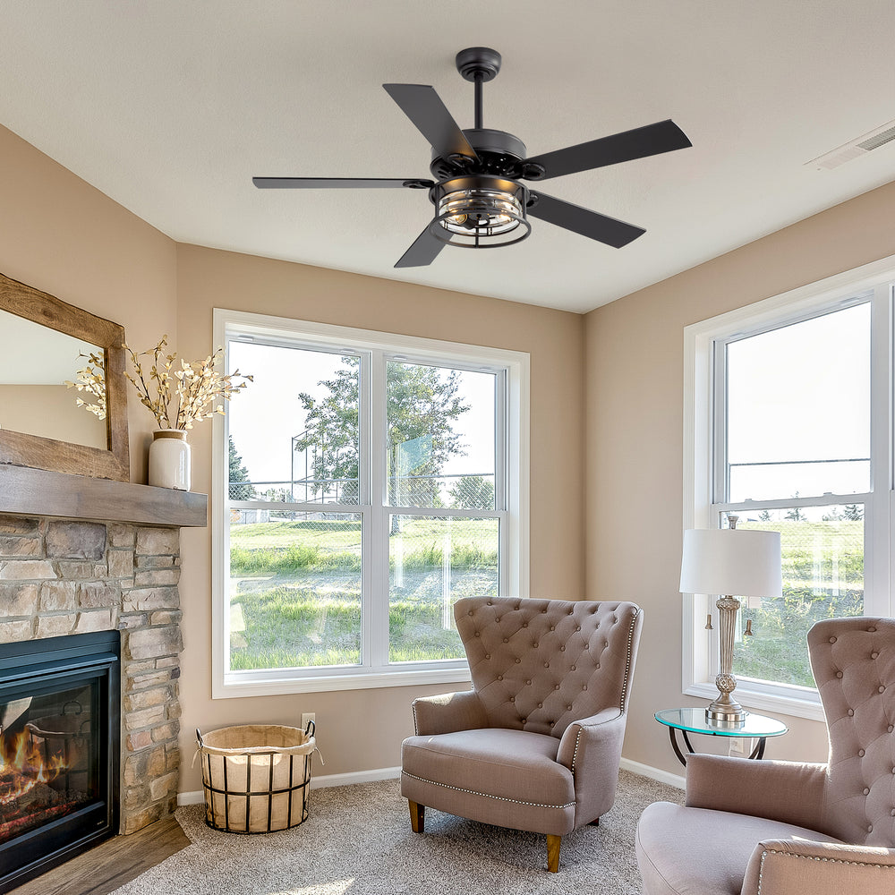 52-Inch Matte Black Industrial Ceiling Fan with Iron & Glass Light, 5 Reversible Blades (Black/Walnut), 28W DC Motor, 6 Speeds, Quiet Operation, Remote with Timer, Reversible Airflow, 5"&10" Downrods