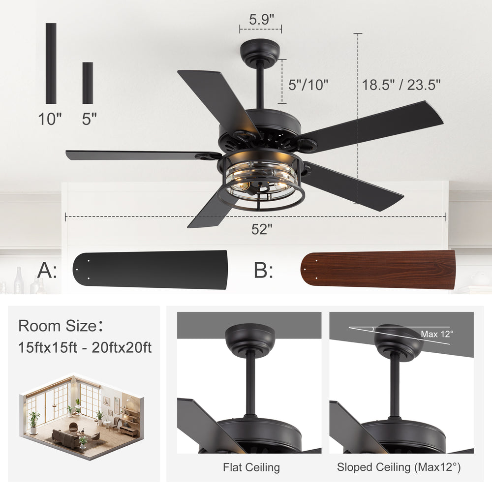 52-Inch Matte Black Industrial Ceiling Fan with Iron & Glass Light, 5 Reversible Blades (Black/Walnut), 28W DC Motor, 6 Speeds, Quiet Operation, Remote with Timer, Reversible Airflow, 5"&10" Downrods