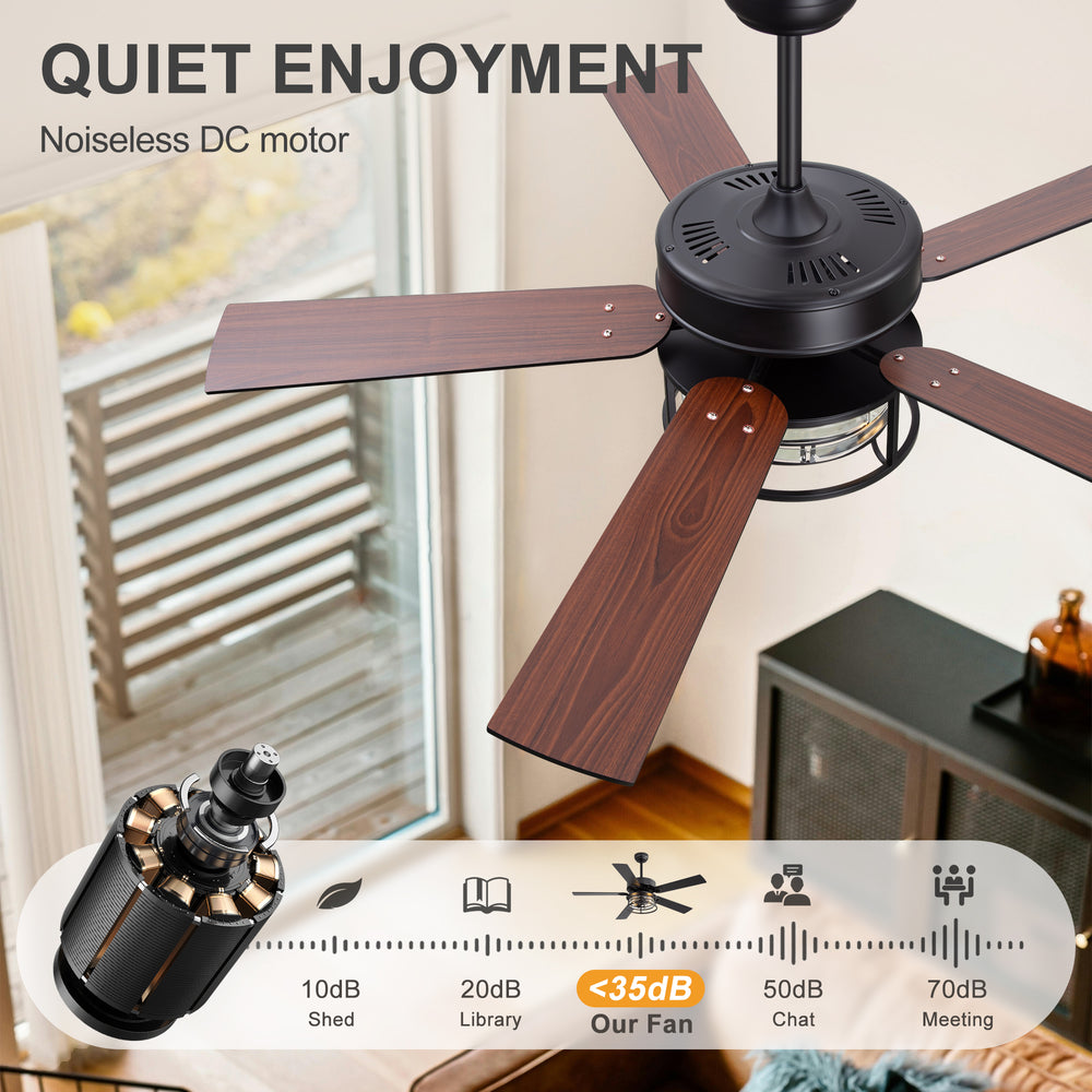 52-Inch Matte Black Industrial Ceiling Fan with Iron & Glass Light, 5 Reversible Blades (Black/Walnut), 28W DC Motor, 6 Speeds, Quiet Operation, Remote with Timer, Reversible Airflow, 5"&10" Downrods