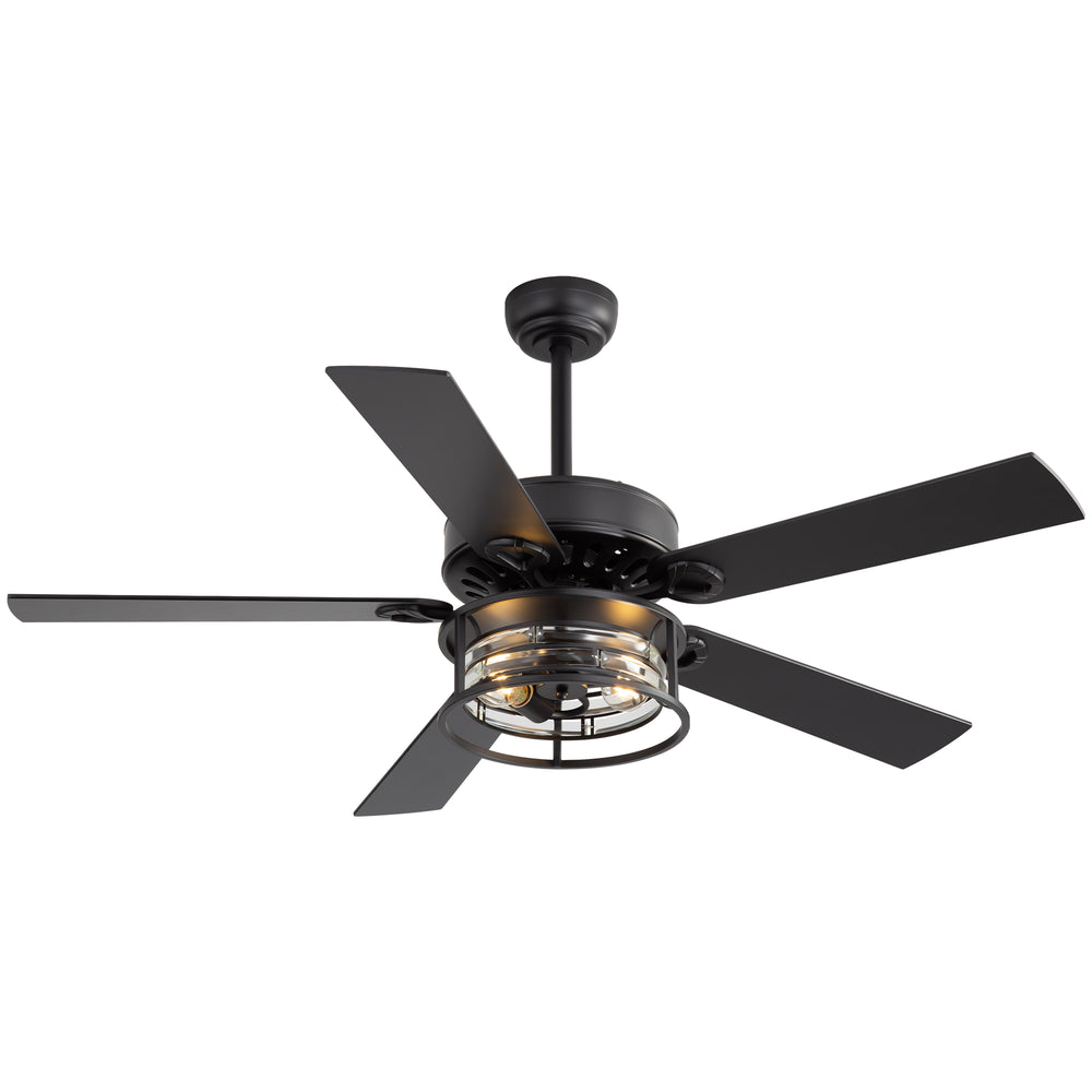 52-Inch Matte Black Industrial Ceiling Fan with Iron & Glass Light, 5 Reversible Blades (Black/Walnut), 28W DC Motor, 6 Speeds, Quiet Operation, Remote with Timer, Reversible Airflow, 5"&10" Downrods