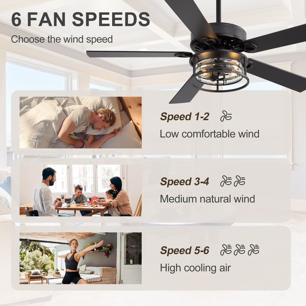 52-Inch Matte Black Industrial Ceiling Fan with Iron & Glass Light, 5 Reversible Blades (Black/Walnut), 28W DC Motor, 6 Speeds, Quiet Operation, Remote with Timer, Reversible Airflow, 5"&10" Downrods