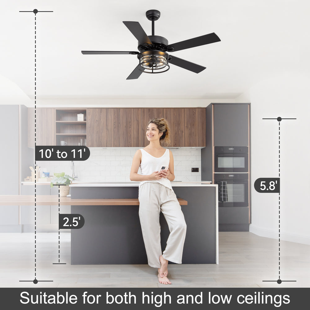 52-Inch Matte Black Industrial Ceiling Fan with Iron & Glass Light, 5 Reversible Blades (Black/Walnut), 28W DC Motor, 6 Speeds, Quiet Operation, Remote with Timer, Reversible Airflow, 5"&10" Downrods