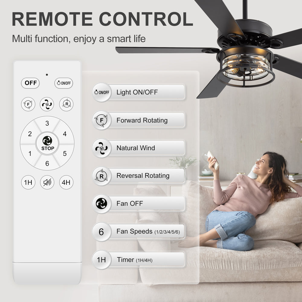 52-Inch Matte Black Industrial Ceiling Fan with Iron & Glass Light, 5 Reversible Blades (Black/Walnut), 28W DC Motor, 6 Speeds, Quiet Operation, Remote with Timer, Reversible Airflow, 5"&10" Downrods