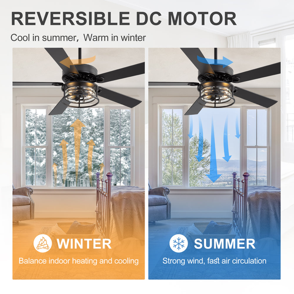 52-Inch Matte Black Industrial Ceiling Fan with Iron & Glass Light, 5 Reversible Blades (Black/Walnut), 28W DC Motor, 6 Speeds, Quiet Operation, Remote with Timer, Reversible Airflow, 5"&10" Downrods