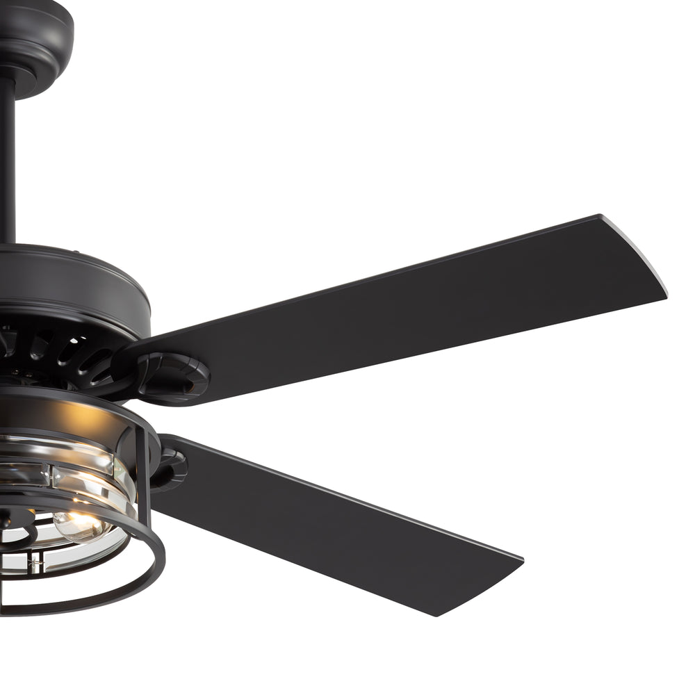 52-Inch Matte Black Industrial Ceiling Fan with Iron & Glass Light, 5 Reversible Blades (Black/Walnut), 28W DC Motor, 6 Speeds, Quiet Operation, Remote with Timer, Reversible Airflow, 5"&10" Downrods