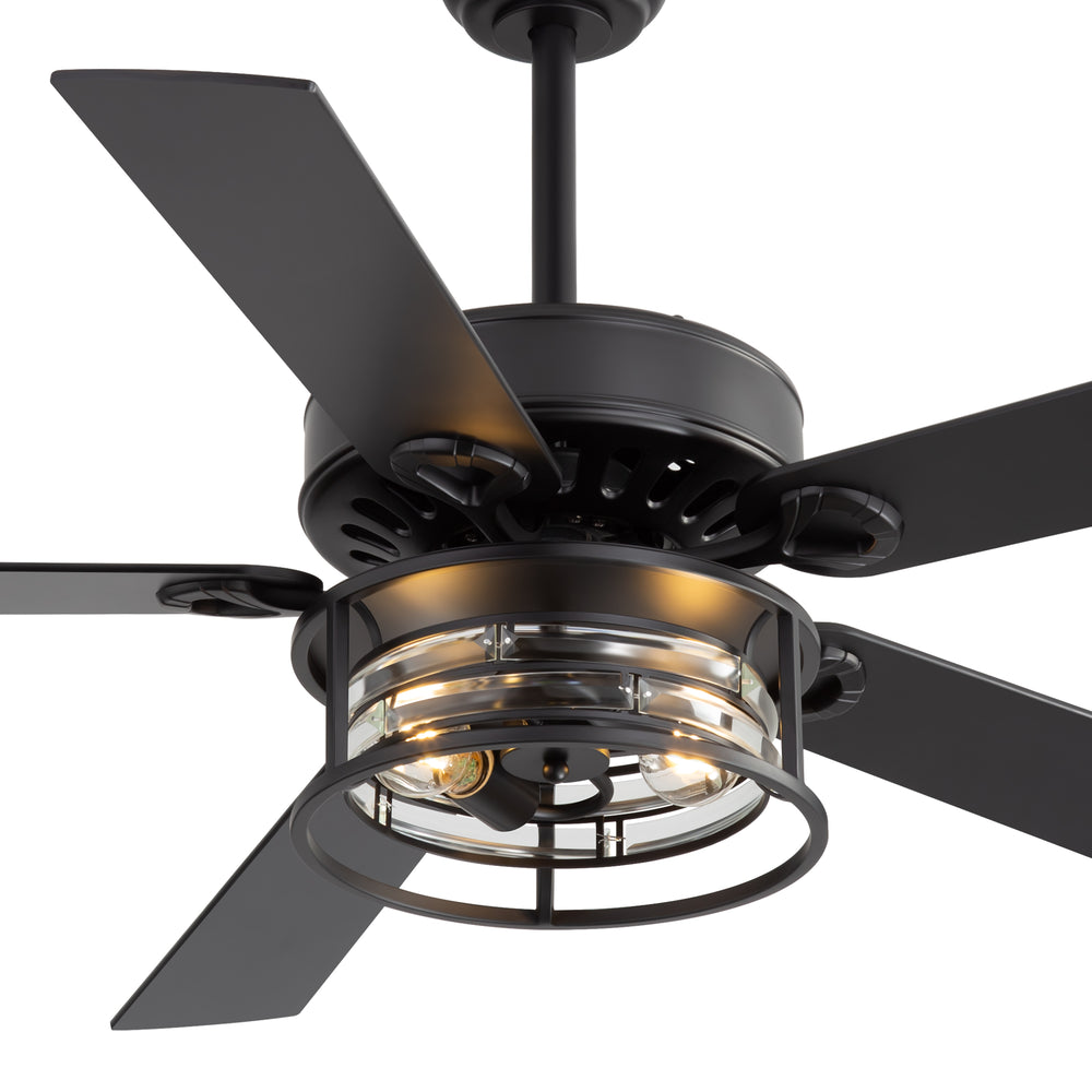 52-Inch Matte Black Industrial Ceiling Fan with Iron & Glass Light, 5 Reversible Blades (Black/Walnut), 28W DC Motor, 6 Speeds, Quiet Operation, Remote with Timer, Reversible Airflow, 5"&10" Downrods