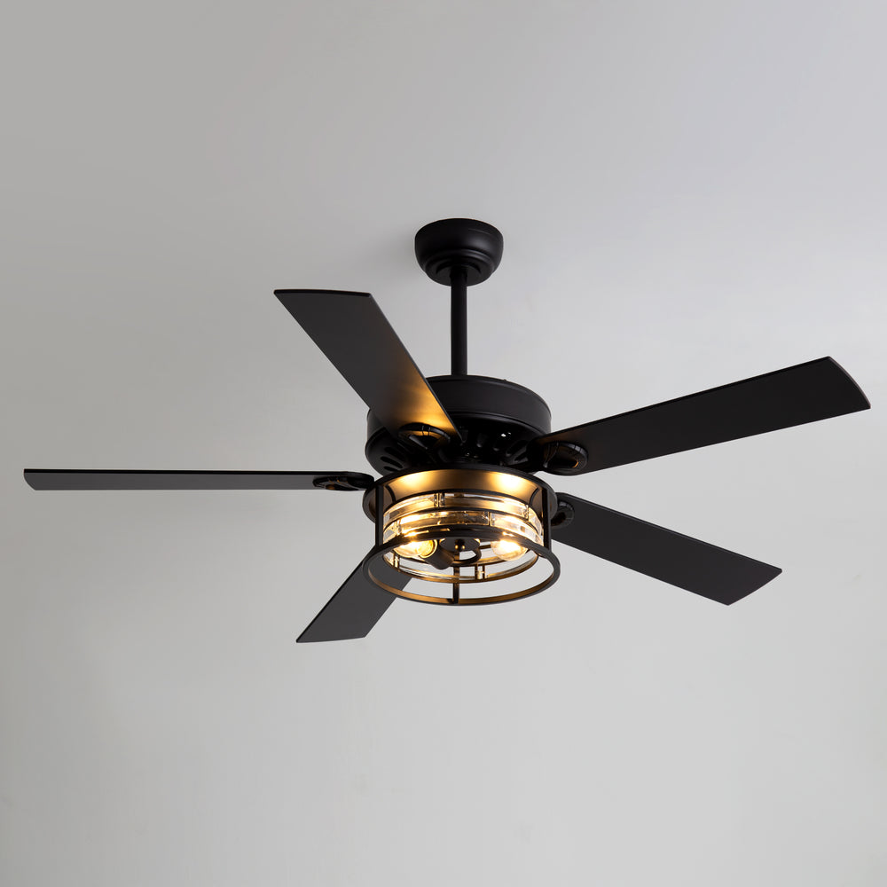 52-Inch Matte Black Industrial Ceiling Fan with Iron & Glass Light, 5 Reversible Blades (Black/Walnut), 28W DC Motor, 6 Speeds, Quiet Operation, Remote with Timer, Reversible Airflow, 5"&10" Downrods
