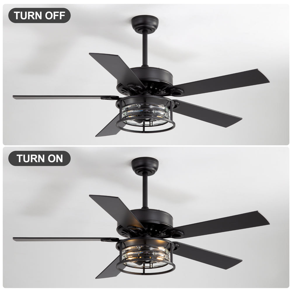 52-Inch Matte Black Industrial Ceiling Fan with Iron & Glass Light, 5 Reversible Blades (Black/Walnut), 28W DC Motor, 6 Speeds, Quiet Operation, Remote with Timer, Reversible Airflow, 5"&10" Downrods