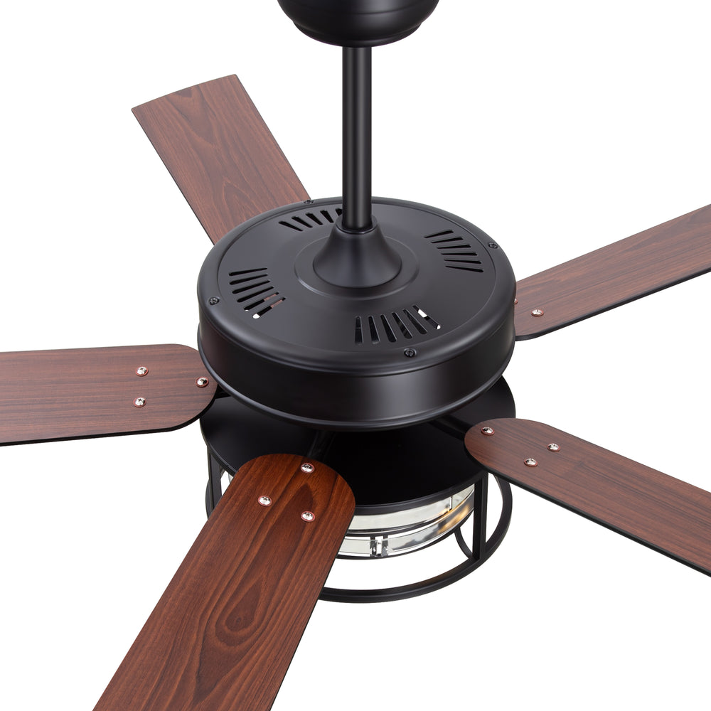 52-Inch Matte Black Industrial Ceiling Fan with Iron & Glass Light, 5 Reversible Blades (Black/Walnut), 28W DC Motor, 6 Speeds, Quiet Operation, Remote with Timer, Reversible Airflow, 5"&10" Downrods