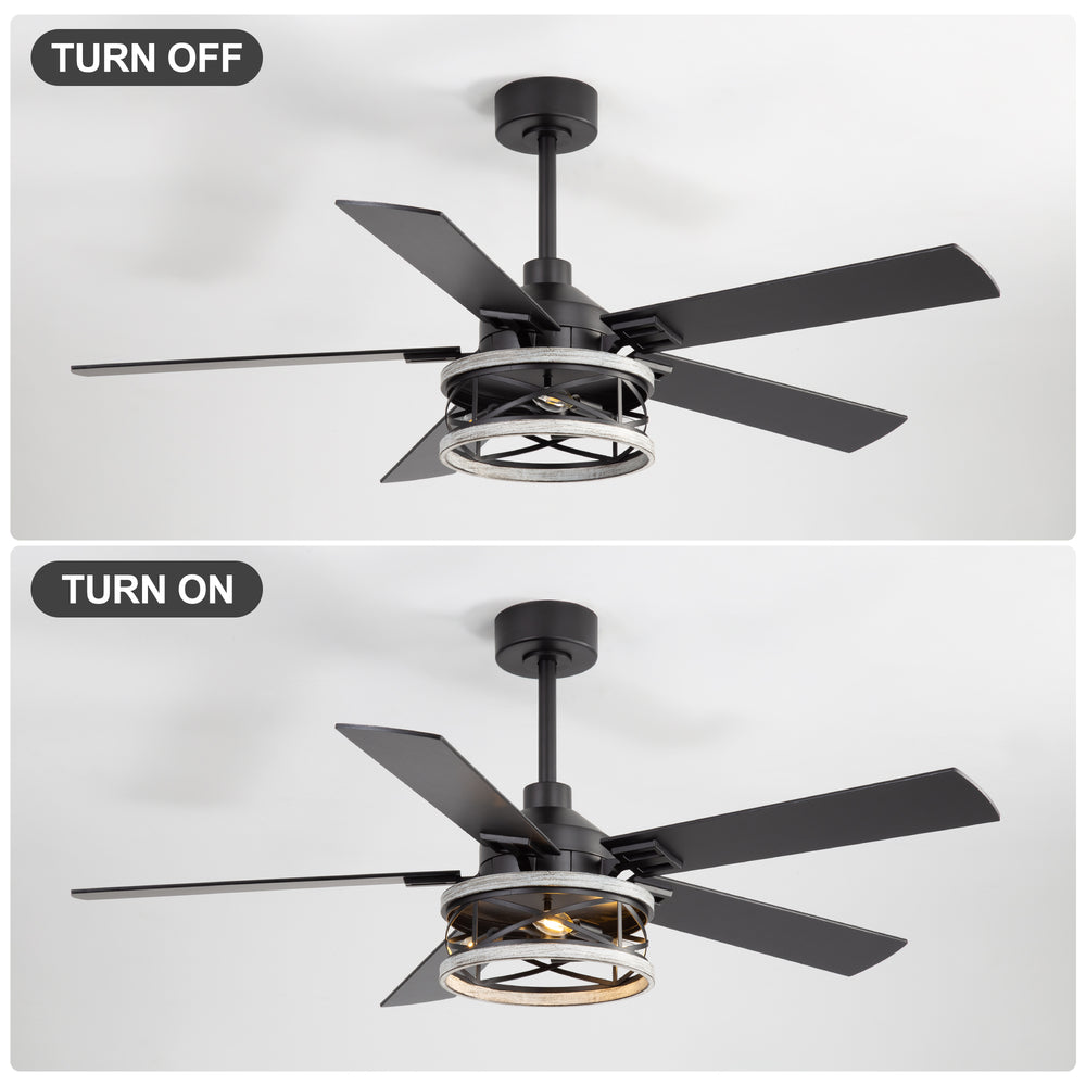 52-inch Industrial Ceiling Fan with Light, Matte Black Finish, Iron Cage Fixture, 5 Reversible  Blades, Three E12 Bulb Base (Bulbs Not Included), Quiet DC Motor, 6 Speeds with Timer, Remote Control, 5" and 10" Downrods Included, Forward/Reverse Airflow