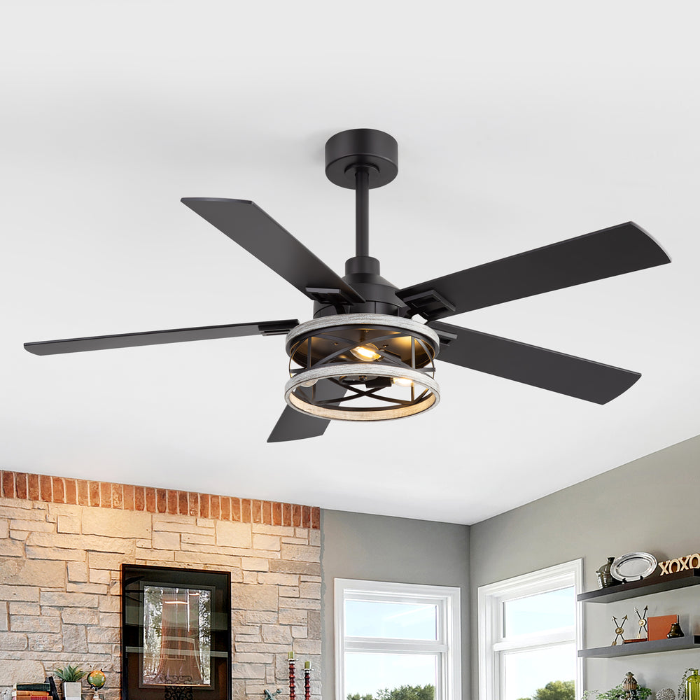 52-inch Industrial Ceiling Fan with Light, Matte Black Finish, Iron Cage Fixture, 5 Reversible  Blades, Three E12 Bulb Base (Bulbs Not Included), Quiet DC Motor, 6 Speeds with Timer, Remote Control, 5" and 10" Downrods Included, Forward/Reverse Airflow