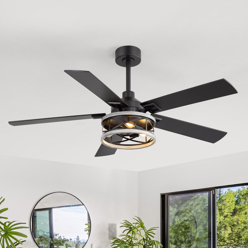 52-inch Industrial Ceiling Fan with Light, Matte Black Finish, Iron Cage Fixture, 5 Reversible  Blades, Three E12 Bulb Base (Bulbs Not Included), Quiet DC Motor, 6 Speeds with Timer, Remote Control, 5" and 10" Downrods Included, Forward/Reverse Airflow