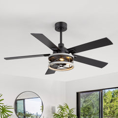 52" Industrial Ceiling Fan with Light, Matte Black Finish, Iron Cage Fixture, 5 Reversible  Blades, Three E12 Bulb Base (Bulbs Not Included), Quiet DC Motor, 6 Speeds with Timer, Remote Control, 5" and 10" Downrods Included, Forward/Reverse Airflow