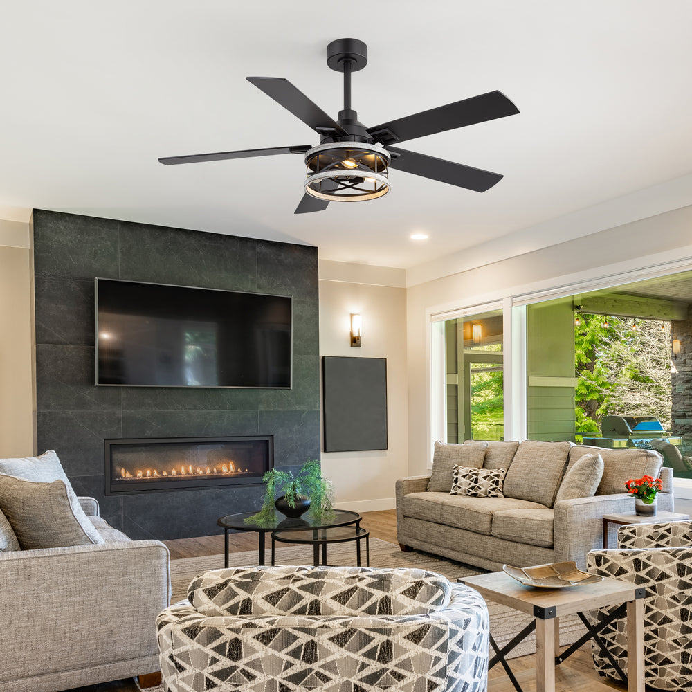52-inch Industrial Ceiling Fan with Light, Matte Black Finish, Iron Cage Fixture, 5 Reversible  Blades, Three E12 Bulb Base (Bulbs Not Included), Quiet DC Motor, 6 Speeds with Timer, Remote Control, 5" and 10" Downrods Included, Forward/Reverse Airflow