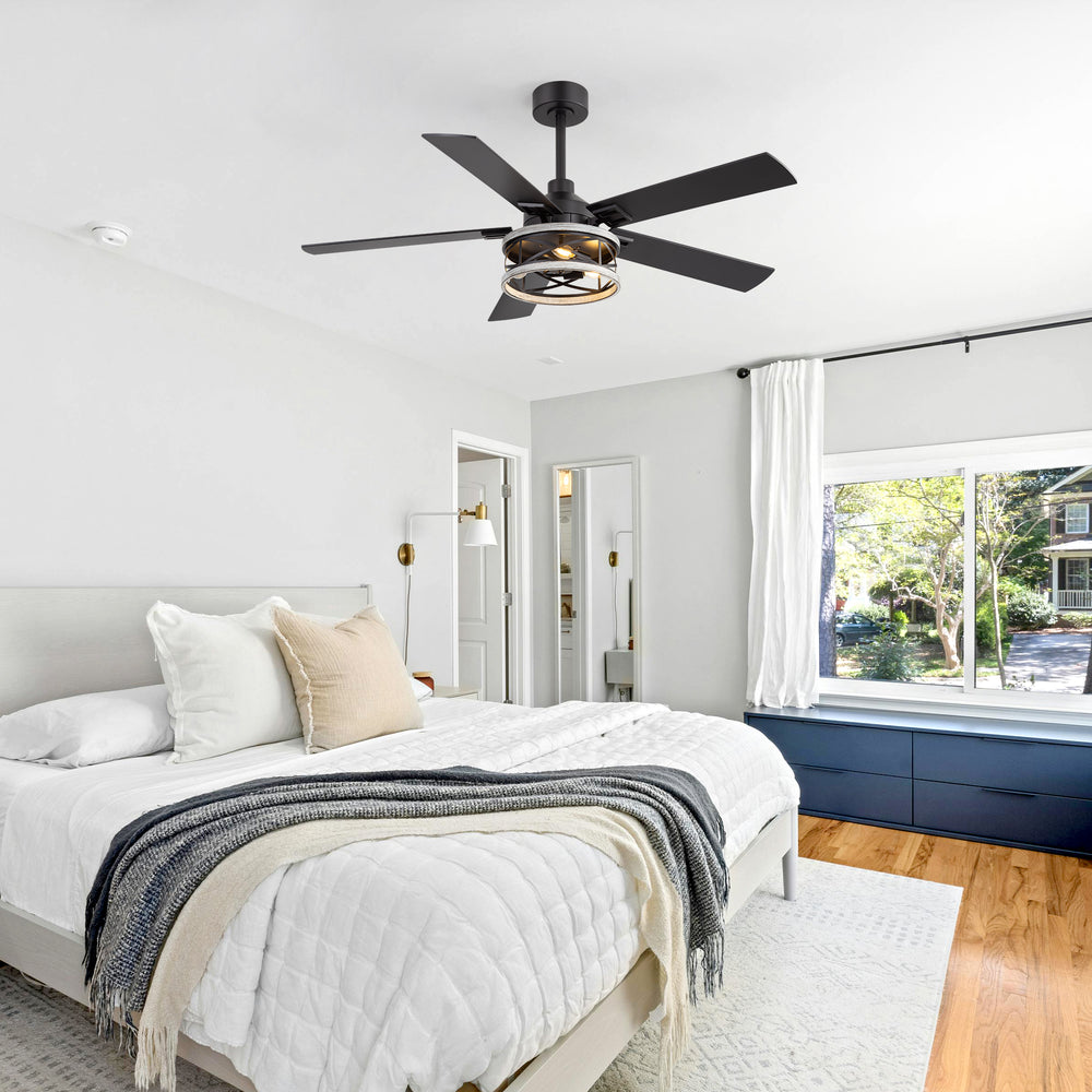 52-inch Industrial Ceiling Fan with Light, Matte Black Finish, Iron Cage Fixture, 5 Reversible  Blades, Three E12 Bulb Base (Bulbs Not Included), Quiet DC Motor, 6 Speeds with Timer, Remote Control, 5" and 10" Downrods Included, Forward/Reverse Airflow