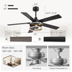 52" Industrial Ceiling Fan with Light, Matte Black Finish, Iron Cage Fixture, 5 Reversible  Blades, Three E12 Bulb Base (Bulbs Not Included), Quiet DC Motor, 6 Speeds with Timer, Remote Control, 5" and 10" Downrods Included, Forward/Reverse Airflow