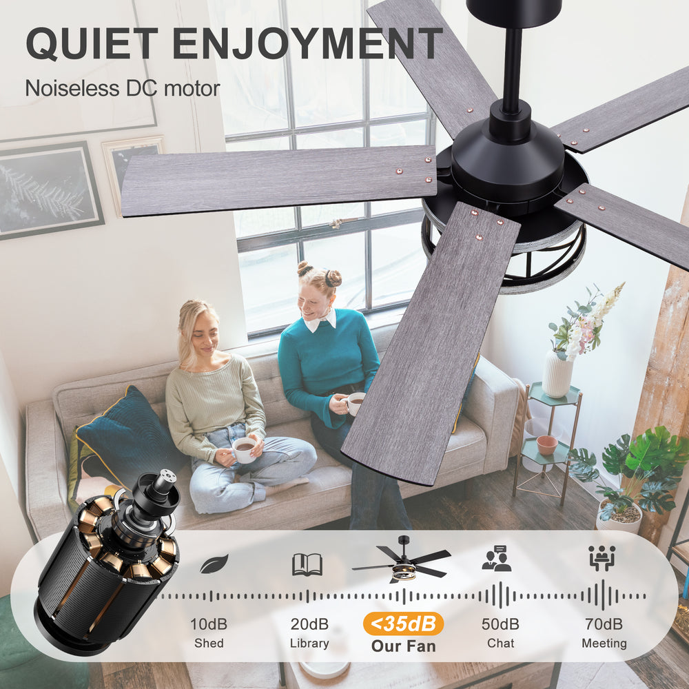 52-inch Industrial Ceiling Fan with Light, Matte Black Finish, Iron Cage Fixture, 5 Reversible  Blades, Three E12 Bulb Base (Bulbs Not Included), Quiet DC Motor, 6 Speeds with Timer, Remote Control, 5" and 10" Downrods Included, Forward/Reverse Airflow