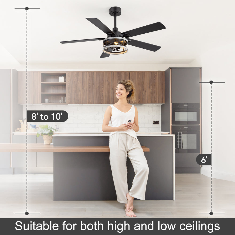 52-inch Industrial Ceiling Fan with Light, Matte Black Finish, Iron Cage Fixture, 5 Reversible  Blades, Three E12 Bulb Base (Bulbs Not Included), Quiet DC Motor, 6 Speeds with Timer, Remote Control, 5" and 10" Downrods Included, Forward/Reverse Airflow
