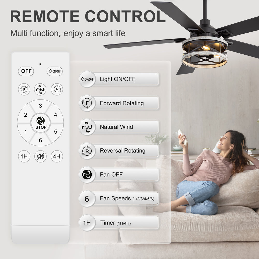 52-inch Industrial Ceiling Fan with Light, Matte Black Finish, Iron Cage Fixture, 5 Reversible  Blades, Three E12 Bulb Base (Bulbs Not Included), Quiet DC Motor, 6 Speeds with Timer, Remote Control, 5" and 10" Downrods Included, Forward/Reverse Airflow