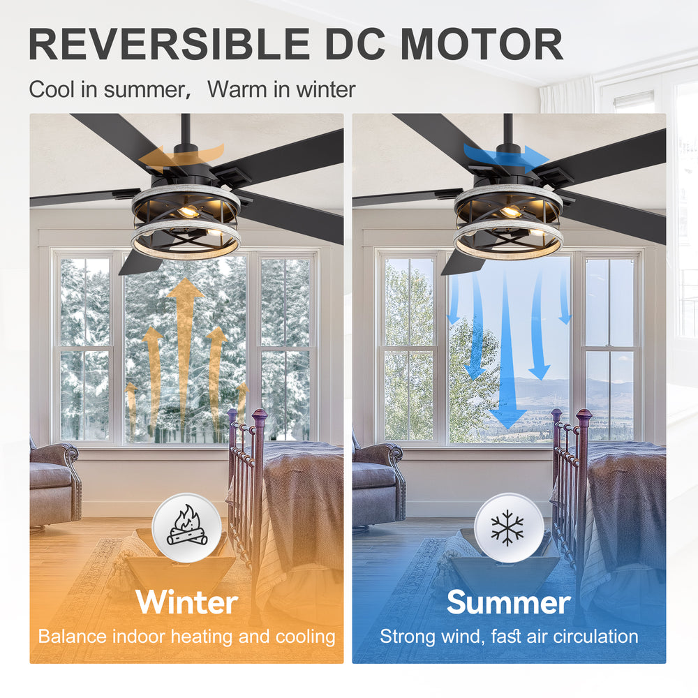 52-inch Industrial Ceiling Fan with Light, Matte Black Finish, Iron Cage Fixture, 5 Reversible  Blades, Three E12 Bulb Base (Bulbs Not Included), Quiet DC Motor, 6 Speeds with Timer, Remote Control, 5" and 10" Downrods Included, Forward/Reverse Airflow