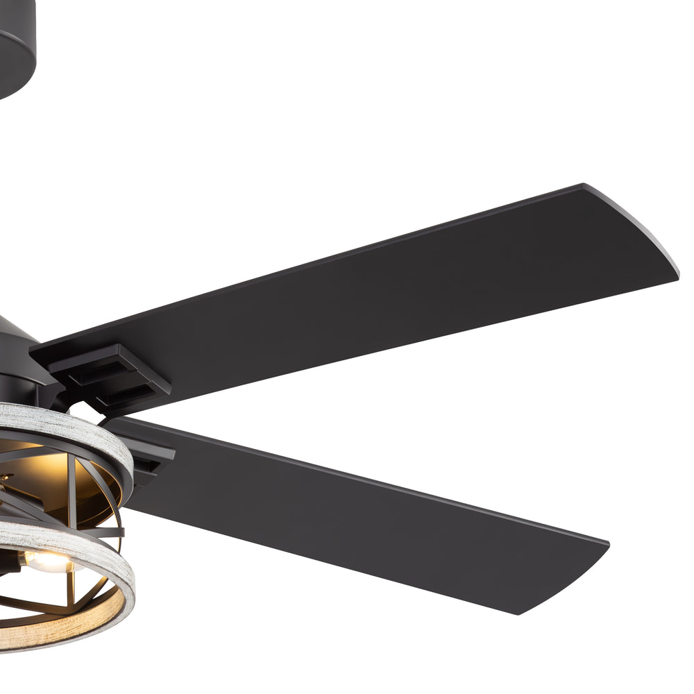 52-inch Industrial Ceiling Fan with Light, Matte Black Finish, Iron Cage Fixture, 5 Reversible  Blades, Three E12 Bulb Base (Bulbs Not Included), Quiet DC Motor, 6 Speeds with Timer, Remote Control, 5" and 10" Downrods Included, Forward/Reverse Airflow