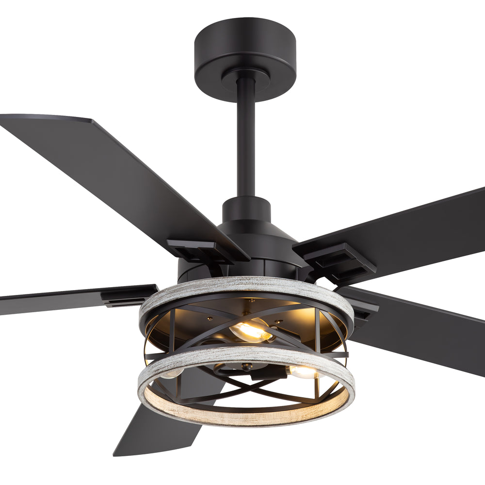 52-inch Industrial Ceiling Fan with Light, Matte Black Finish, Iron Cage Fixture, 5 Reversible  Blades, Three E12 Bulb Base (Bulbs Not Included), Quiet DC Motor, 6 Speeds with Timer, Remote Control, 5" and 10" Downrods Included, Forward/Reverse Airflow