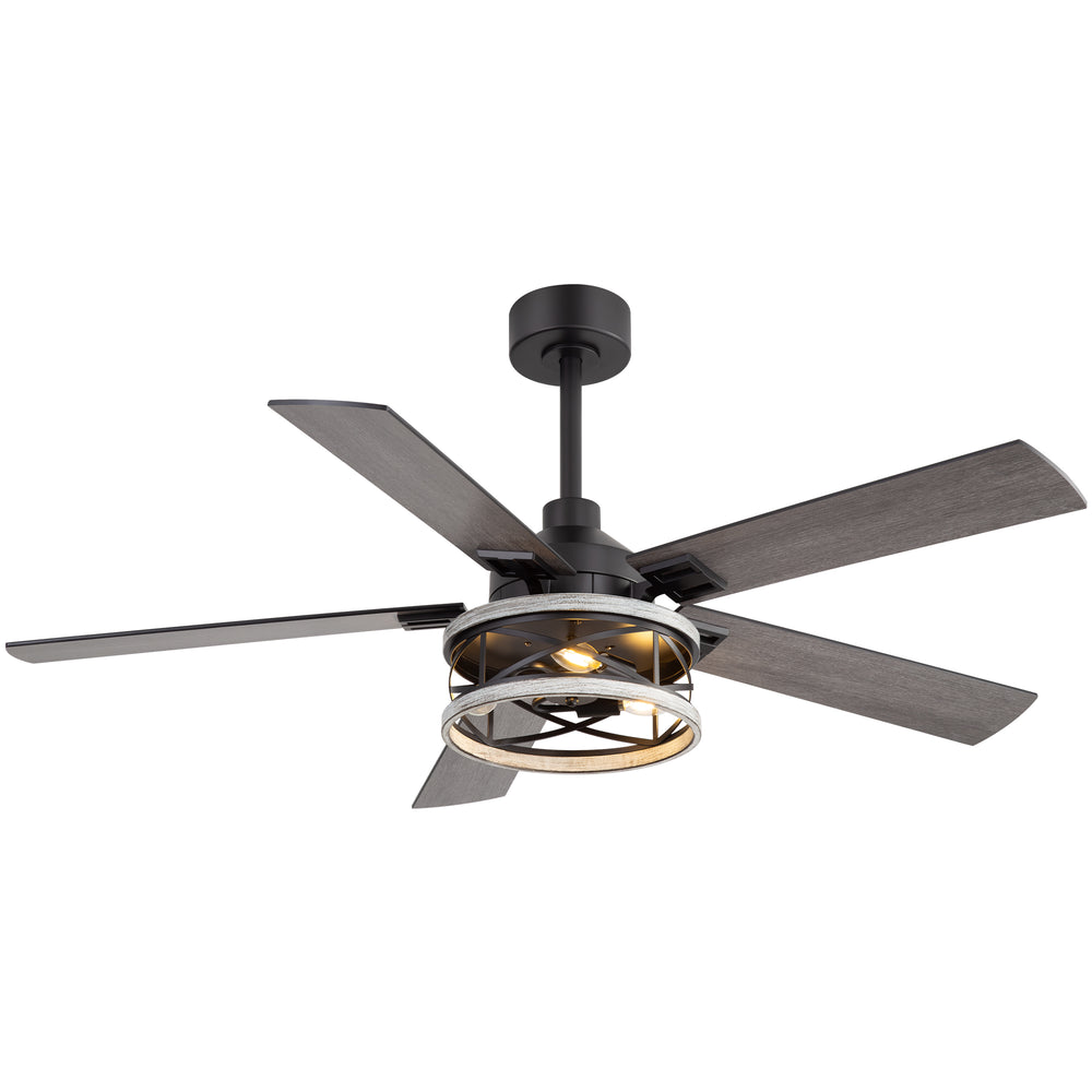 52-inch Industrial Ceiling Fan with Light, Matte Black Finish, Iron Cage Fixture, 5 Reversible  Blades, Three E12 Bulb Base (Bulbs Not Included), Quiet DC Motor, 6 Speeds with Timer, Remote Control, 5" and 10" Downrods Included, Forward/Reverse Airflow