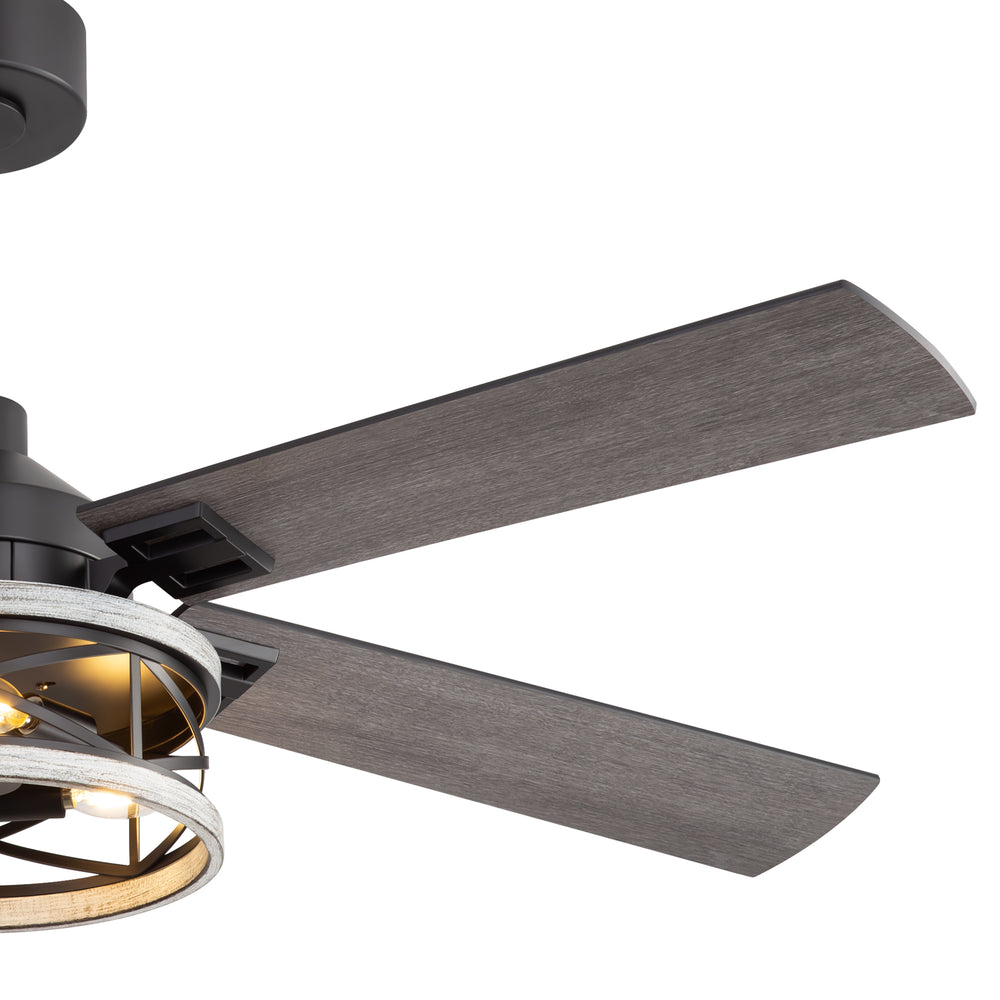 52-inch Industrial Ceiling Fan with Light, Matte Black Finish, Iron Cage Fixture, 5 Reversible  Blades, Three E12 Bulb Base (Bulbs Not Included), Quiet DC Motor, 6 Speeds with Timer, Remote Control, 5" and 10" Downrods Included, Forward/Reverse Airflow