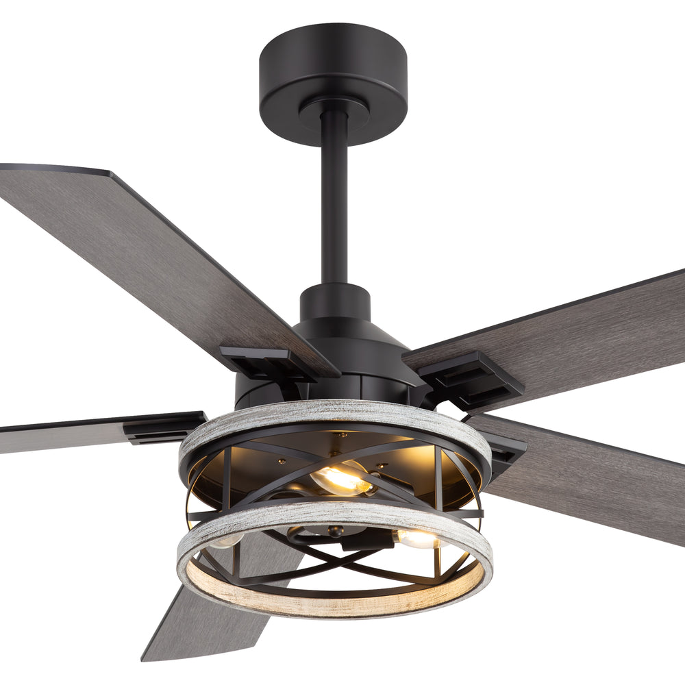 52-inch Industrial Ceiling Fan with Light, Matte Black Finish, Iron Cage Fixture, 5 Reversible  Blades, Three E12 Bulb Base (Bulbs Not Included), Quiet DC Motor, 6 Speeds with Timer, Remote Control, 5" and 10" Downrods Included, Forward/Reverse Airflow
