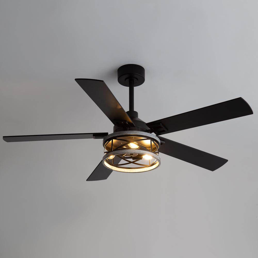 52-inch Industrial Ceiling Fan with Light, Matte Black Finish, Iron Cage Fixture, 5 Reversible  Blades, Three E12 Bulb Base (Bulbs Not Included), Quiet DC Motor, 6 Speeds with Timer, Remote Control, 5" and 10" Downrods Included, Forward/Reverse Airflow