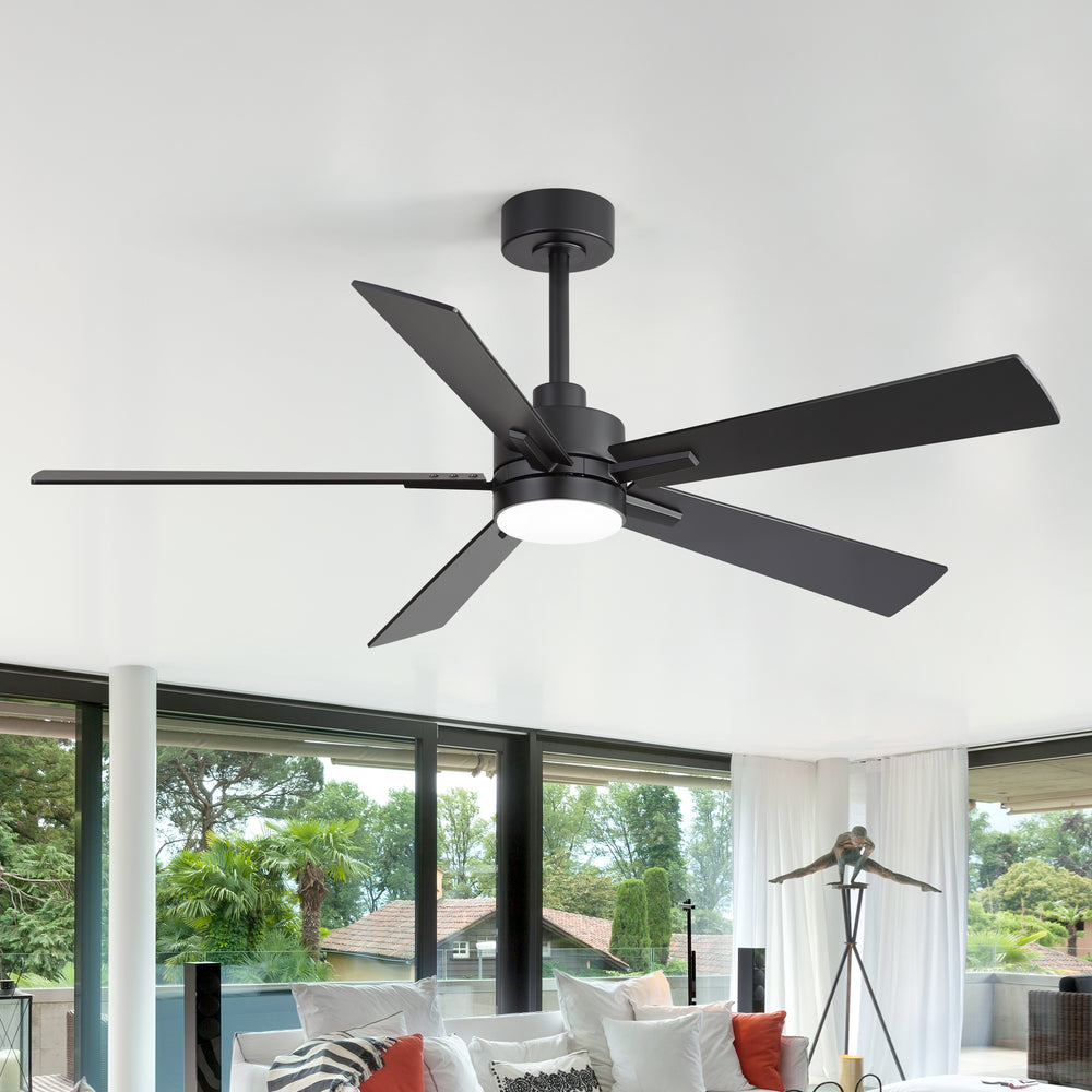 52-inch Matte Black Ceiling Fan with Light, 5 Plywood Blades, 18W LED 3-Color Temp & Memory, Quiet DC Motor, 6 Speeds, Reversible, Remote Control with Timer, Includes 5" & 10" Downrods, Ideal for Bedroom, Living Room, Dining Area