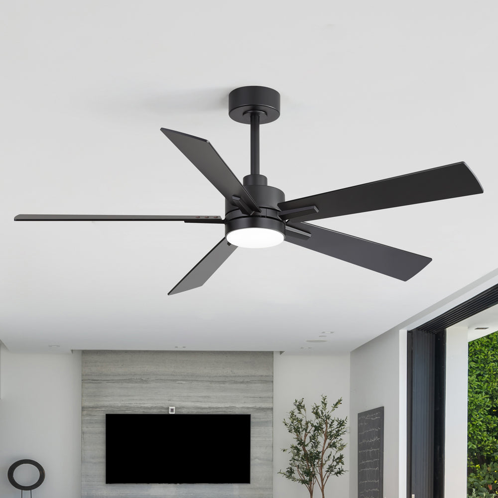 52-inch Matte Black Ceiling Fan with Light, 5 Plywood Blades, 18W LED 3-Color Temp & Memory, Quiet DC Motor, 6 Speeds, Reversible, Remote Control with Timer, Includes 5" & 10" Downrods, Ideal for Bedroom, Living Room, Dining Area