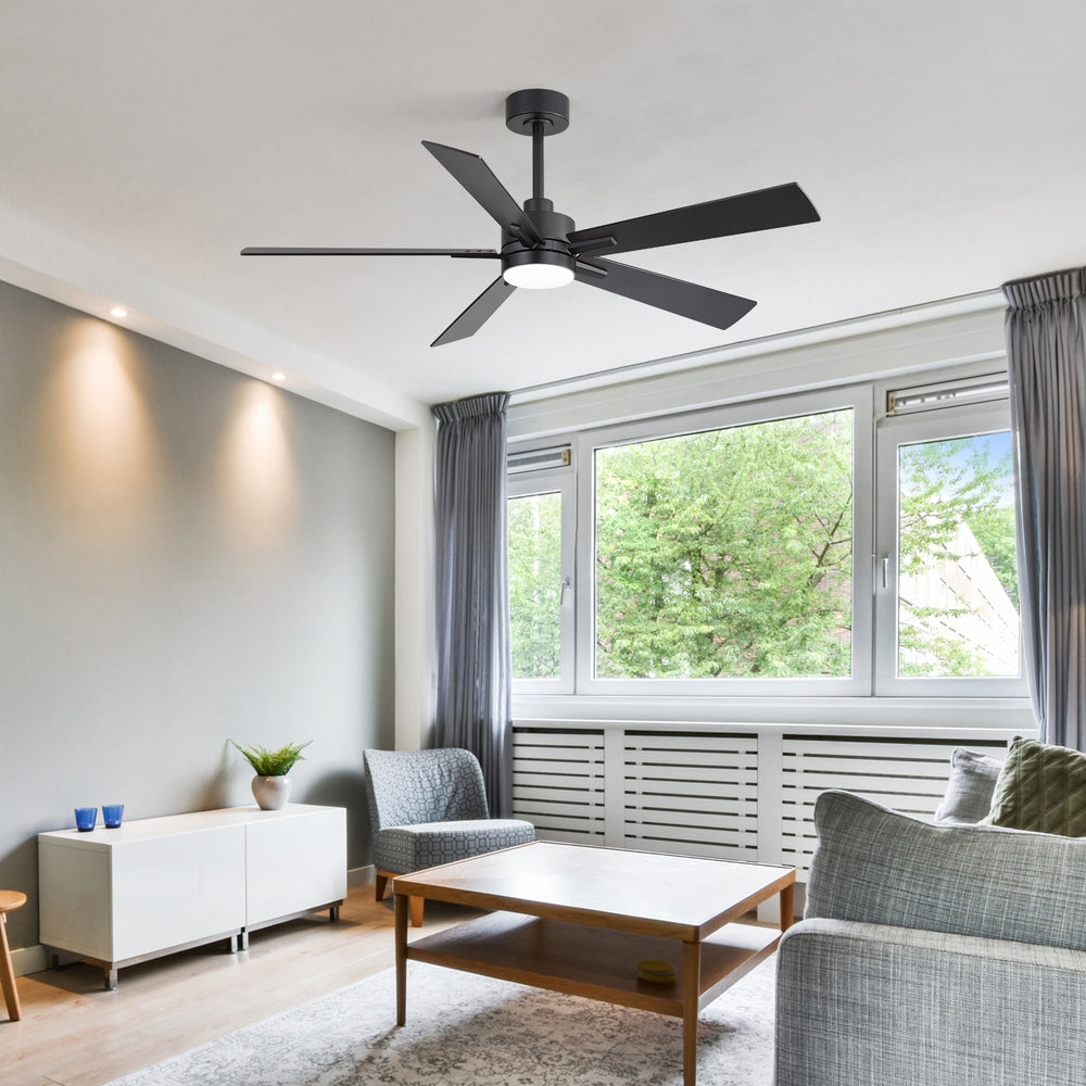52-inch Matte Black Ceiling Fan with Light, 5 Plywood Blades, 18W LED 3-Color Temp & Memory, Quiet DC Motor, 6 Speeds, Reversible, Remote Control with Timer, Includes 5" & 10" Downrods, Ideal for Bedroom, Living Room, Dining Area