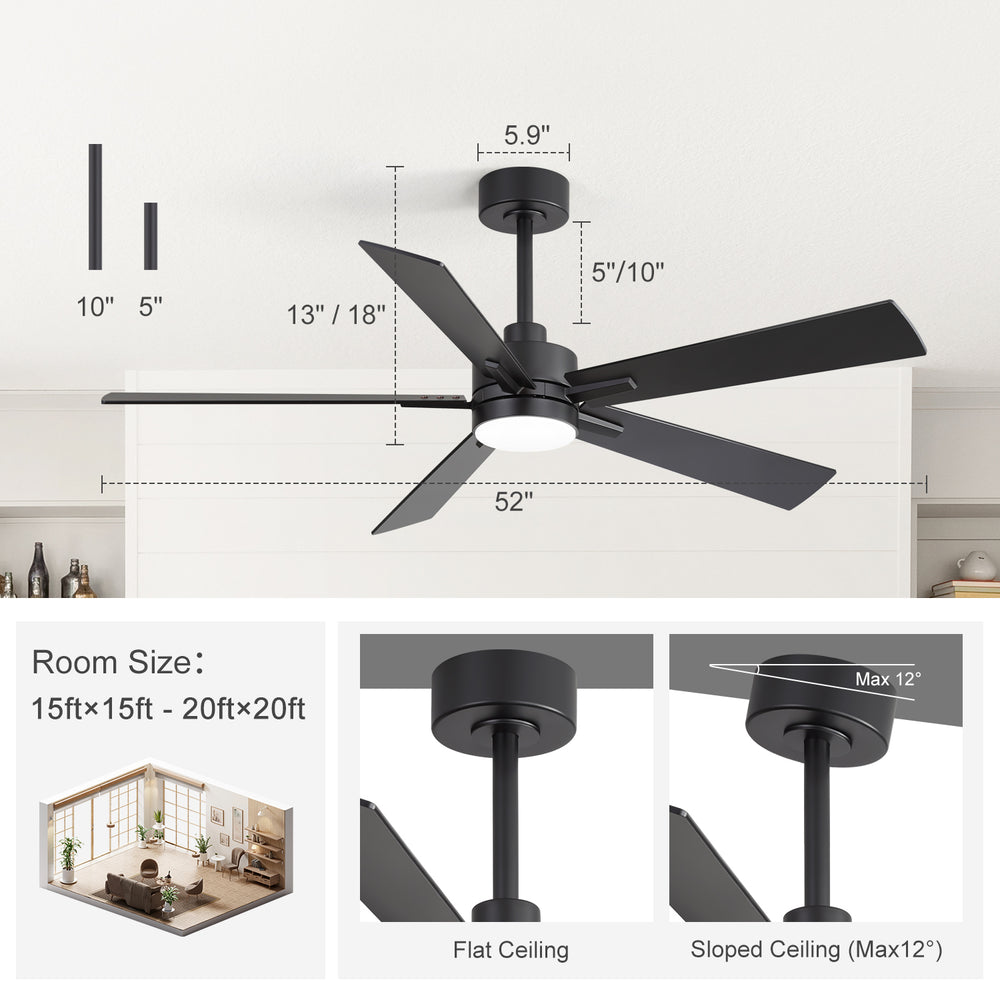 52-inch Matte Black Ceiling Fan with Light, 5 Plywood Blades, 18W LED 3-Color Temp & Memory, Quiet DC Motor, 6 Speeds, Reversible, Remote Control with Timer, Includes 5" & 10" Downrods, Ideal for Bedroom, Living Room, Dining Area