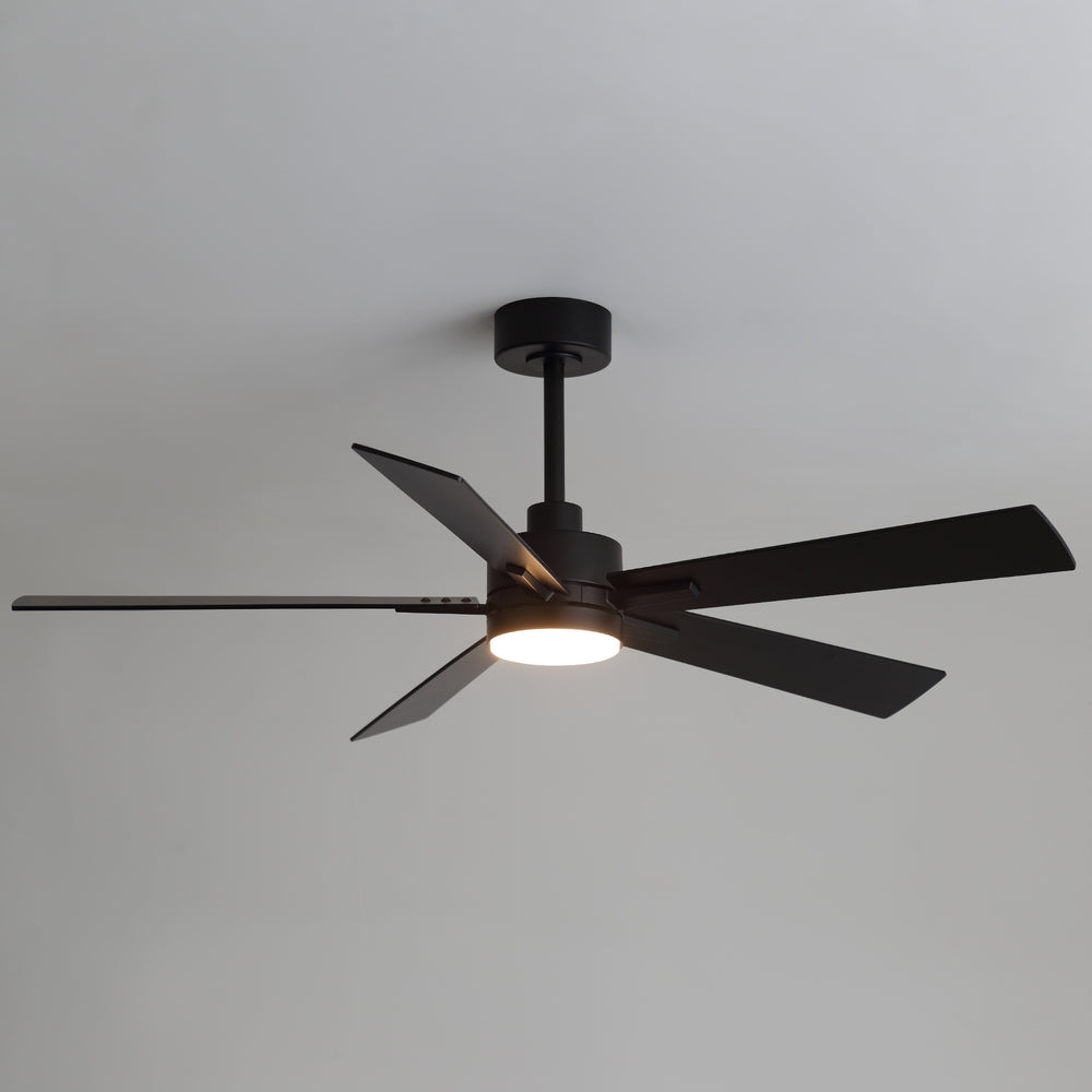 52-inch Matte Black Ceiling Fan with Light, 5 Plywood Blades, 18W LED 3-Color Temp & Memory, Quiet DC Motor, 6 Speeds, Reversible, Remote Control with Timer, Includes 5" & 10" Downrods, Ideal for Bedroom, Living Room, Dining Area