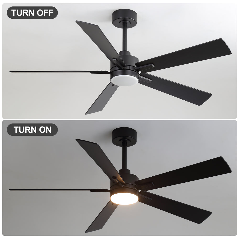 52-inch Matte Black Ceiling Fan with Light, 5 Plywood Blades, 18W LED 3-Color Temp & Memory, Quiet DC Motor, 6 Speeds, Reversible, Remote Control with Timer, Includes 5" & 10" Downrods, Ideal for Bedroom, Living Room, Dining Area