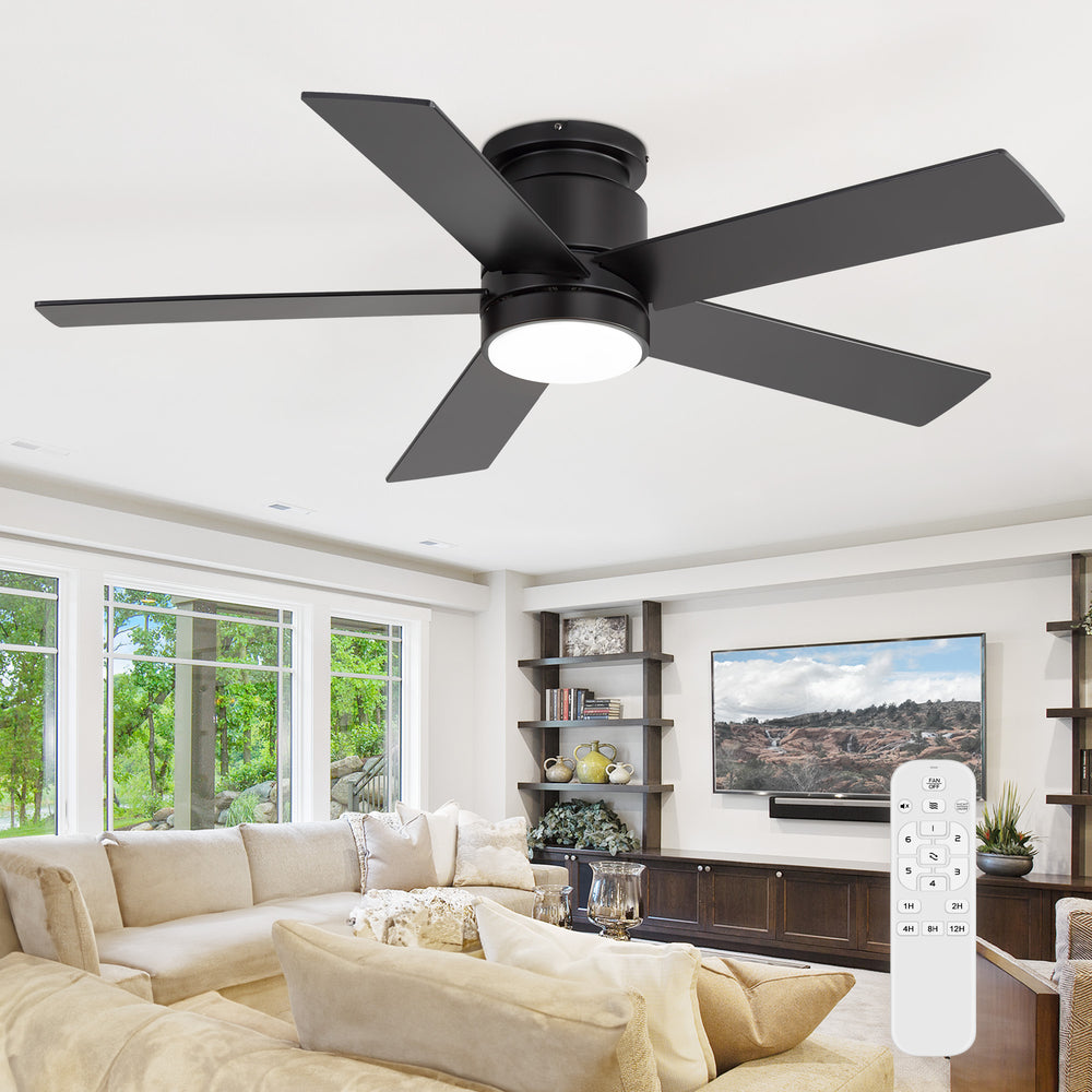 42"/52" Ceiling Fan with Light, Matte Black Finish, 5 Black Blades, Acrylic 18W LED (3 Color Temps with Memory), Quiet DC Motor, 6 Speeds, Forward/Reverse Airflow, Timer, Full Remote Control Included
