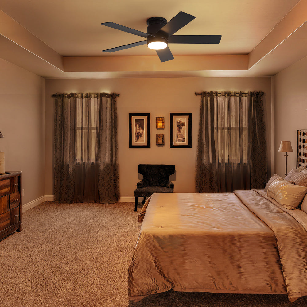 42"/52" Ceiling Fan with Light, Matte Black Finish, 5 Black Blades, Acrylic 18W LED (3 Color Temps with Memory), Quiet DC Motor, 6 Speeds, Forward/Reverse Airflow, Timer, Full Remote Control Included