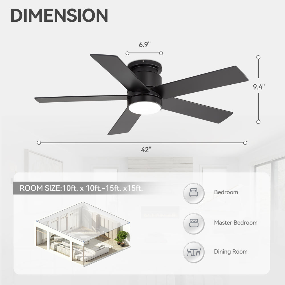 42"/52" Ceiling Fan with Light, Matte Black Finish, 5 Black Blades, Acrylic 18W LED (3 Color Temps with Memory), Quiet DC Motor, 6 Speeds, Forward/Reverse Airflow, Timer, Full Remote Control Included