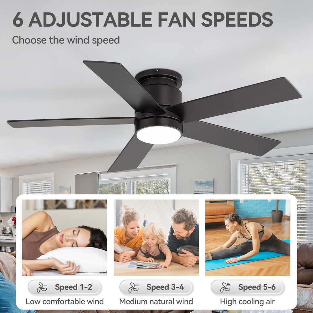 42"/52" Ceiling Fan with Light, Matte Black Finish, 5 Black Blades, Acrylic 18W LED (3 Color Temps with Memory), Quiet DC Motor, 6 Speeds, Forward/Reverse Airflow, Timer, Full Remote Control Included