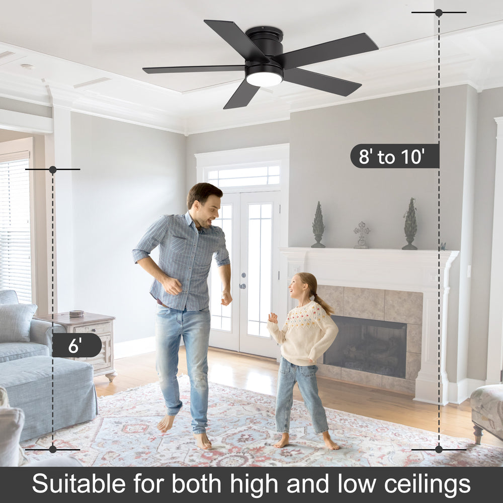 42"/52" Ceiling Fan with Light, Matte Black Finish, 5 Black Blades, Acrylic 18W LED (3 Color Temps with Memory), Quiet DC Motor, 6 Speeds, Forward/Reverse Airflow, Timer, Full Remote Control Included
