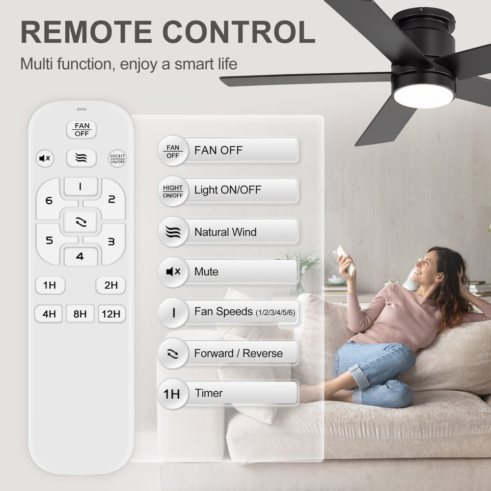 42"/52" Ceiling Fan with Light, Matte Black Finish, 5 Black Blades, Acrylic 18W LED (3 Color Temps with Memory), Quiet DC Motor, 6 Speeds, Forward/Reverse Airflow, Timer, Full Remote Control Included