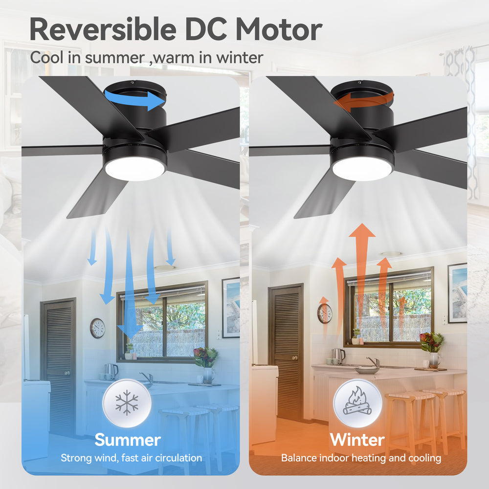 42"/52" Ceiling Fan with Light, Matte Black Finish, 5 Black Blades, Acrylic 18W LED (3 Color Temps with Memory), Quiet DC Motor, 6 Speeds, Forward/Reverse Airflow, Timer, Full Remote Control Included